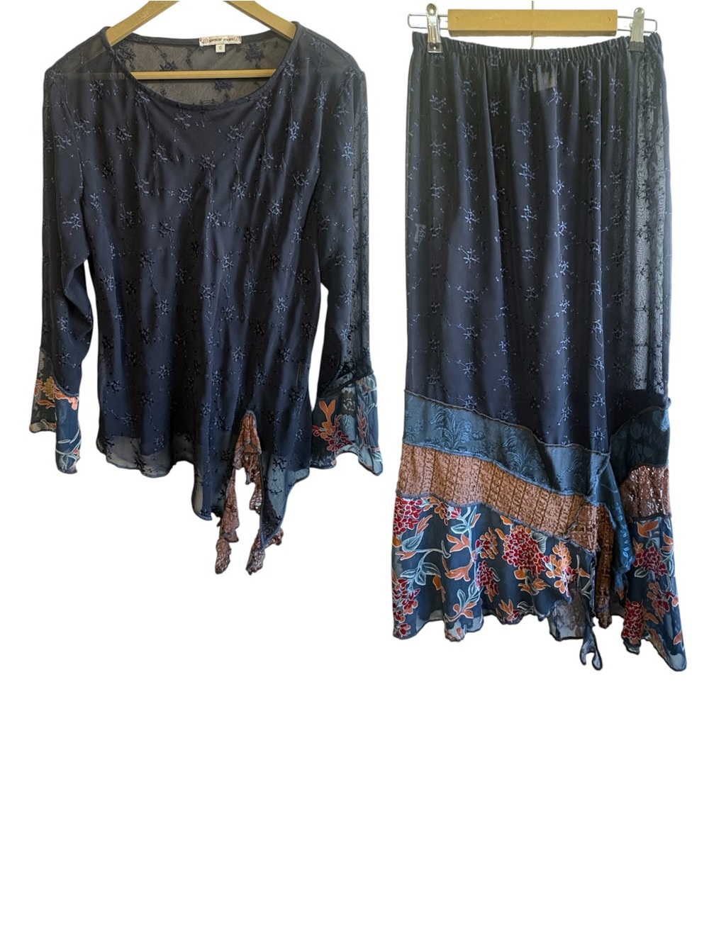 Vintage Spencer Alexis Size 10 Navy Blue Mesh Ruffle Top Skirt 2 Piece Set